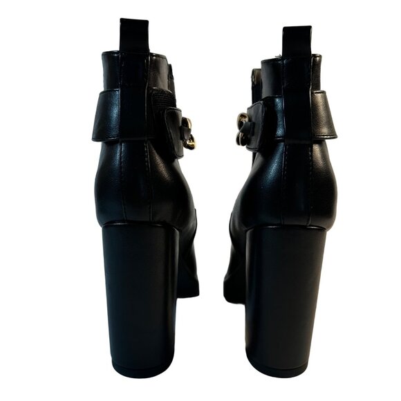 Shoedazzle Black Block Heel Ankle Booties 6.5 Gold Chain Mob Wife NWOB - Picture 3 of 7